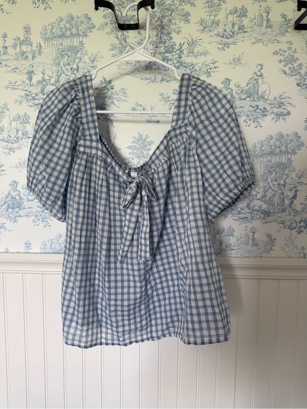 GAP Blue and White Gingham Tie-Front Puff Sleeve Blouse
